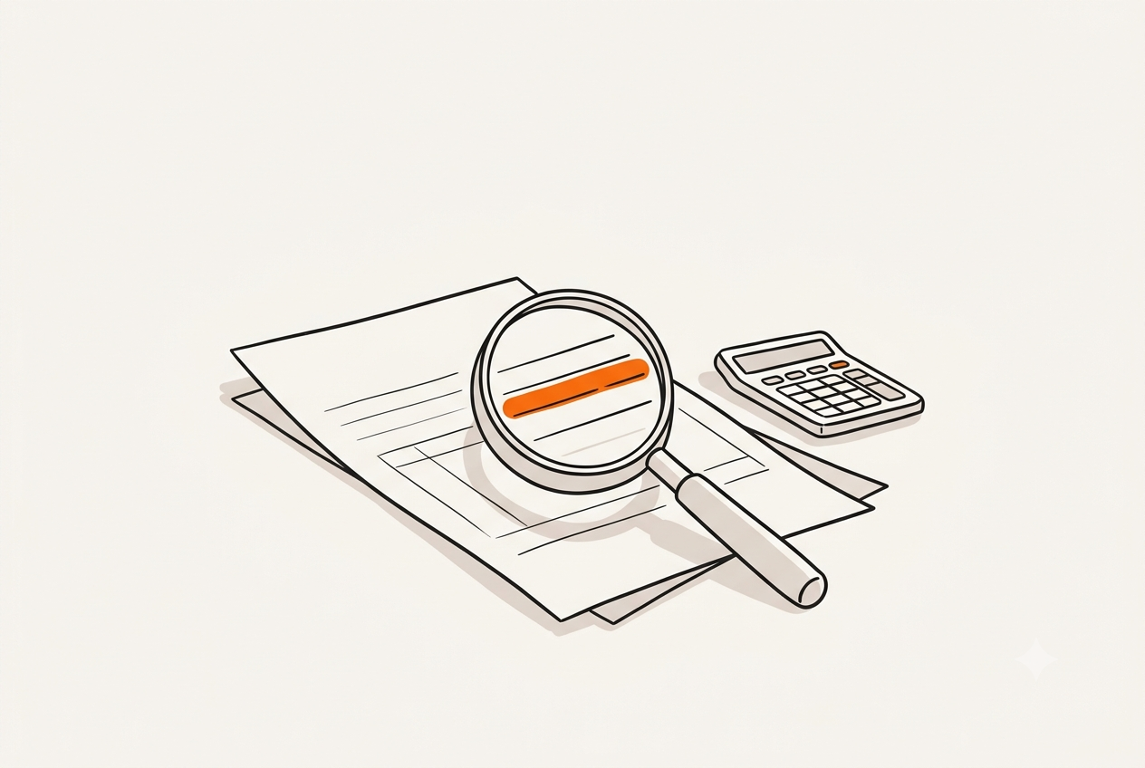 A tax statement under a magnifying glass with a calculator